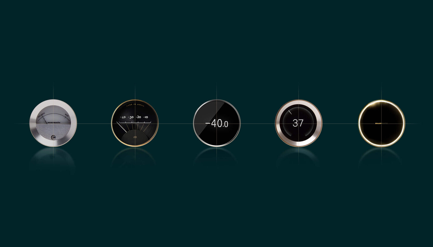5 portholes highlighting Marantz on dark teal background