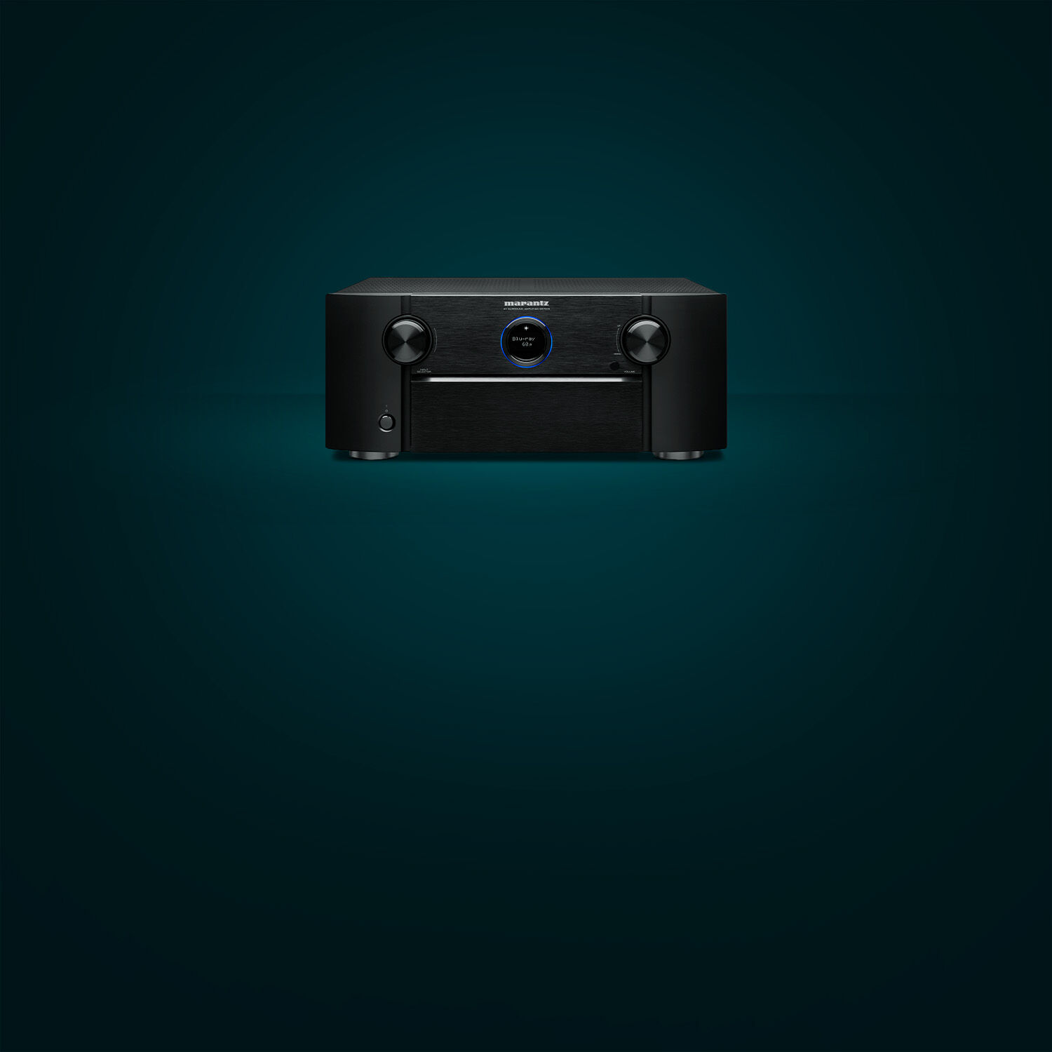 Black AV7706 facing front left with teal background