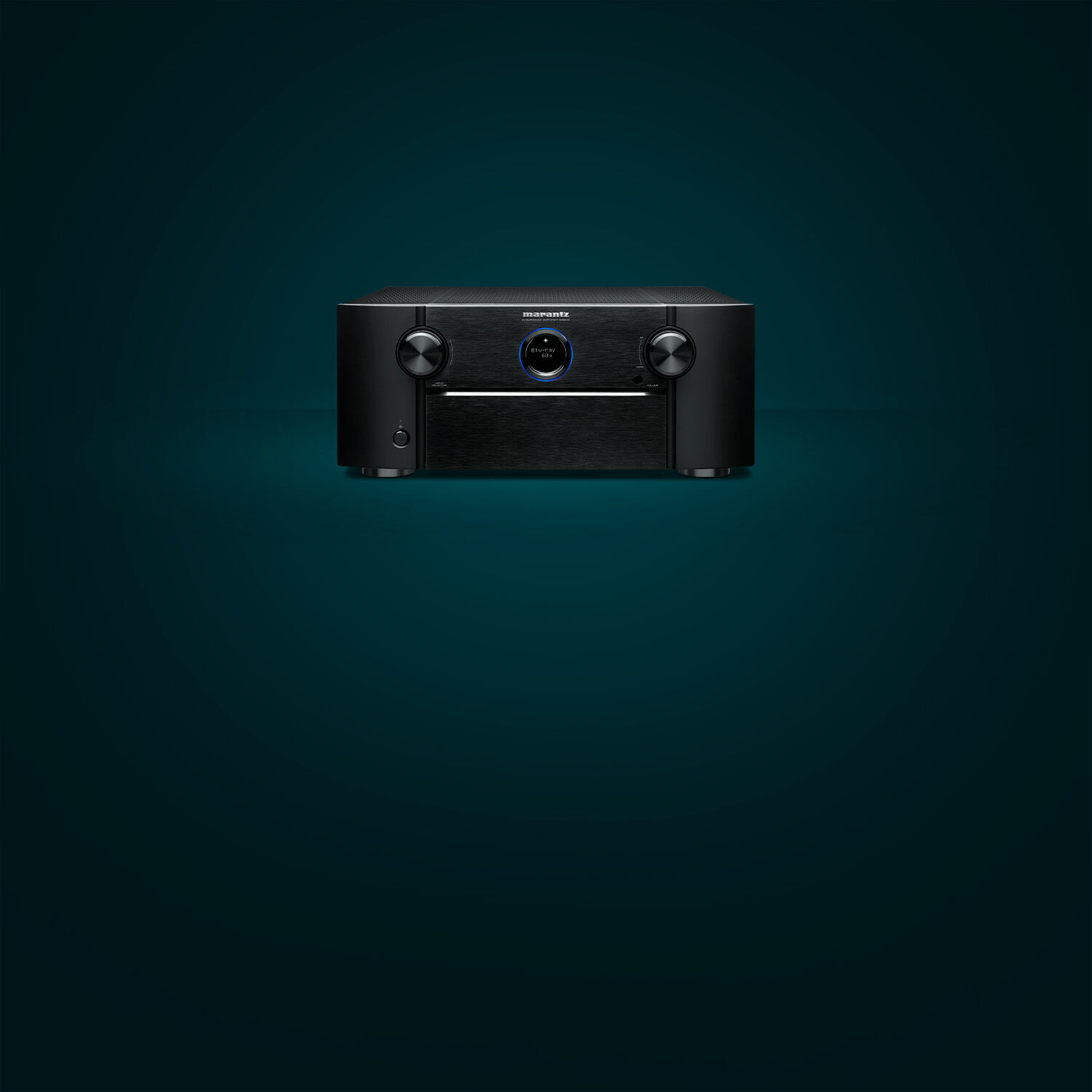 Black recertified AV7706 facing front left with teal background